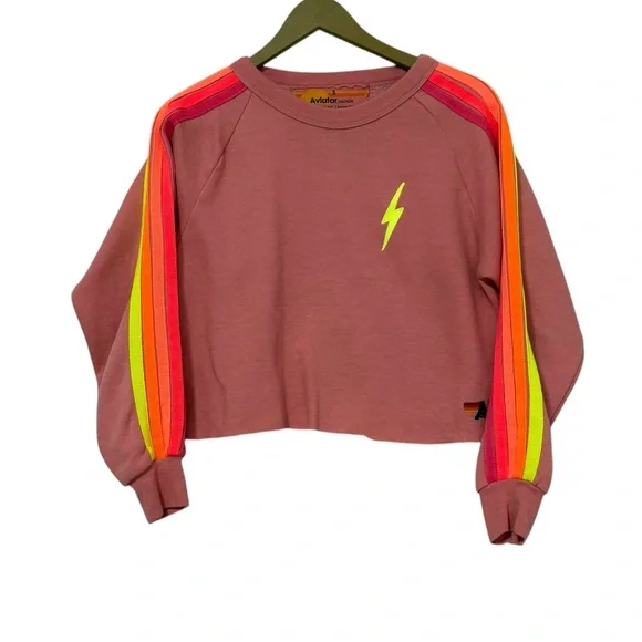 Aviator Nation Pink Rose Neon Bolt Striped Crop Sweatshirt Size Small Colorful - Picture 2 of 8